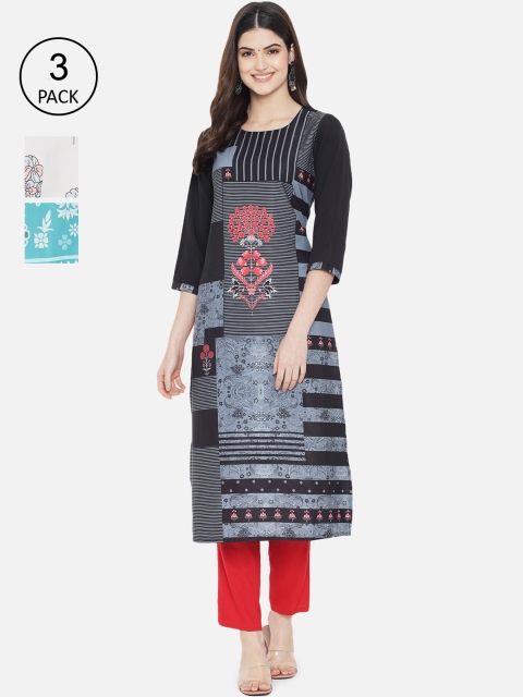 

KALINI Women Black & Blue Pack Of 3 Digital Print Straight Kurta