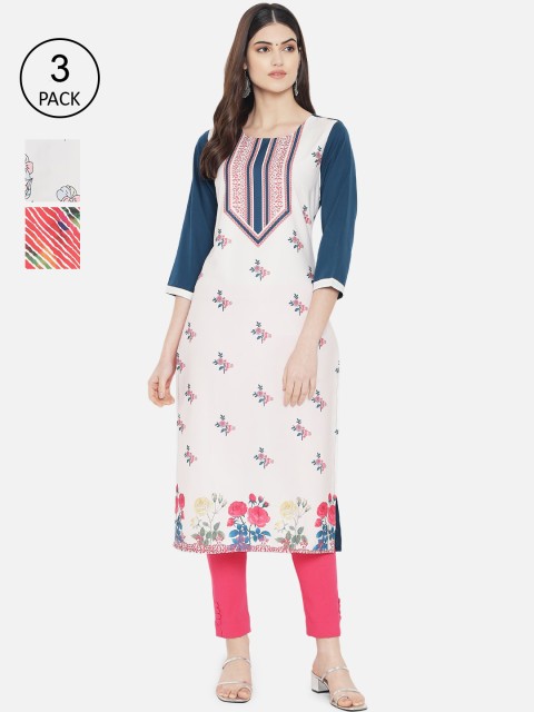 

KALINI Women Off White & Blue Pack of 3 Floral Printed Crepe Kurtas