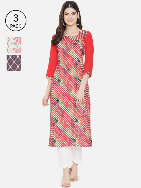 

KALINI Women Set of 3 Ethnic Motifs Printed Crepe Kurta, Red