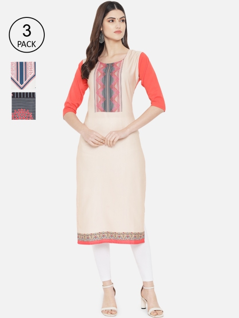 

KALINI Women Pack Of 3 Printed Crepe Kurta, Beige