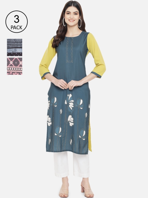 

KALINI Women Multicoloured Pack of 3 Floral Crepe Kurta, Multi