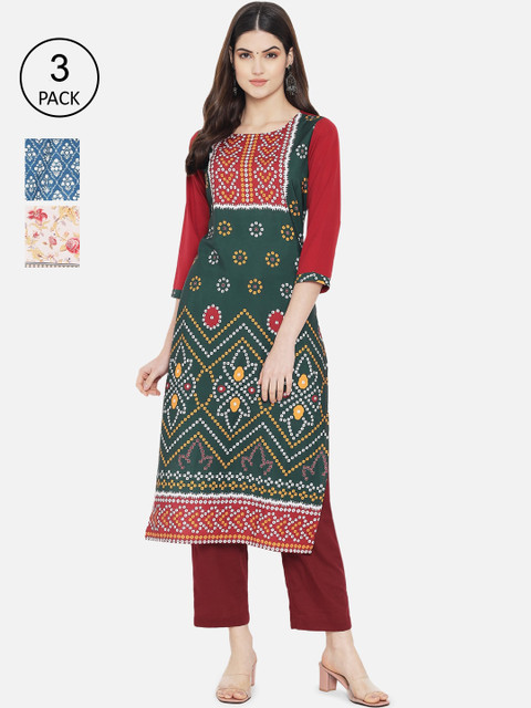 

KALINI Women Pack Of 3 Multicoloured Ethnic Motifs Printed Crepe Kurtas, Multi