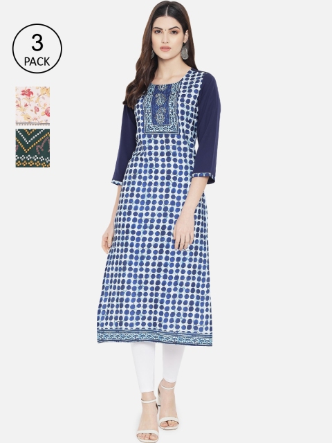 

KALINI Women Blue & Green Pack Of 3 Digital Printed Straight Kurta