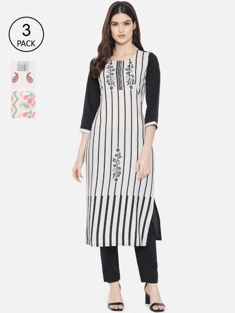 

KALINI Women Set of 3 Ethnic Motifs Printed Crepe Kurta, White
