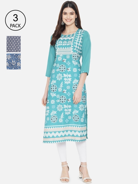 

KALINI Women Pack Of 3 Printed Crepe Kurta, Blue