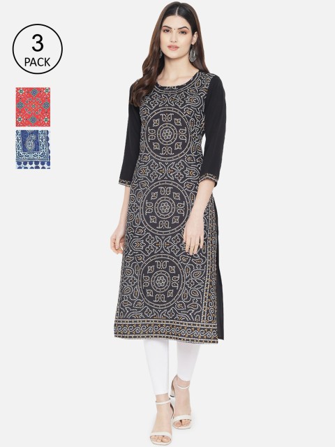 

KALINI Women Set of 3 Multi Printed Crepe Kurtas