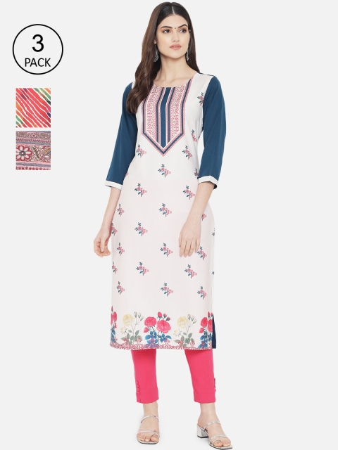 

KALINI Woman Pack of 3 Multicoloured Ethnic Motifs Printed Crepe Kurta, Multi