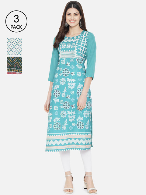 

KALINI Women Pack of 3 Ethnic Motifs Printed Crepe Kurta, Multi