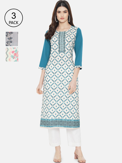 

KALINI Women Pack Of 3 Digital Printed Straight Kurta, Blue