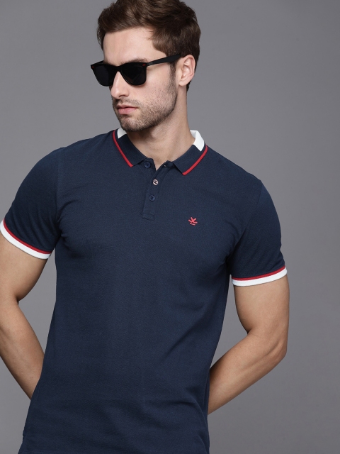 

PWROGN Men Navy Blue Polo Collar Slim Fit Pure Cotton T-shirt