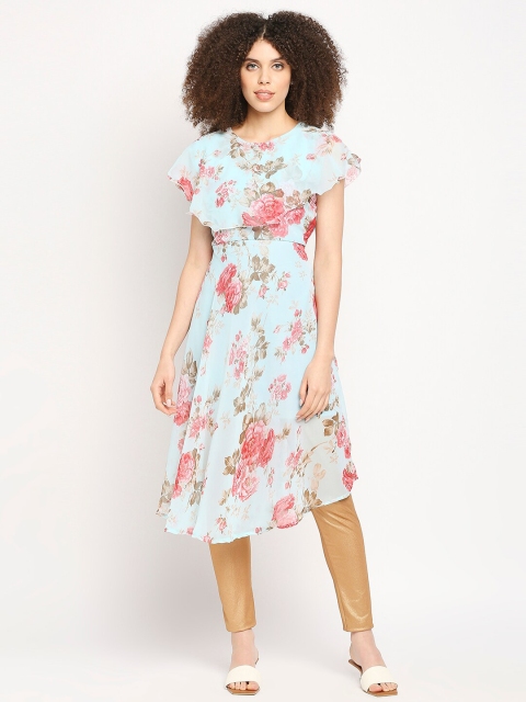 

Ira Soleil Women Blue & Pink Floral Printed Cape Sleeves Georgette A-line Kurta