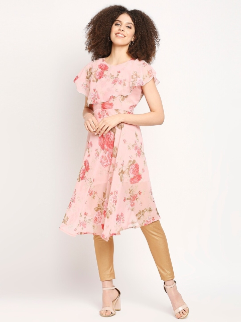 

Ira Soleil Women Pink & Green Floral Printed Floral Georgette Kurta