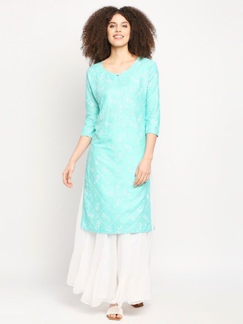 

Ira Soleil Women Sea Green & White Ethnic Motifs Printed Straight Kurta