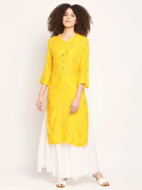 

Ira Soleil Women Yellow & Gold-Toned Ethnic Motifs Printed Cotton Kurta