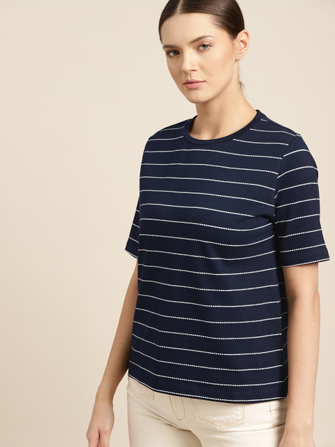 

ether Women Navy Blue & White Striped T-shirt