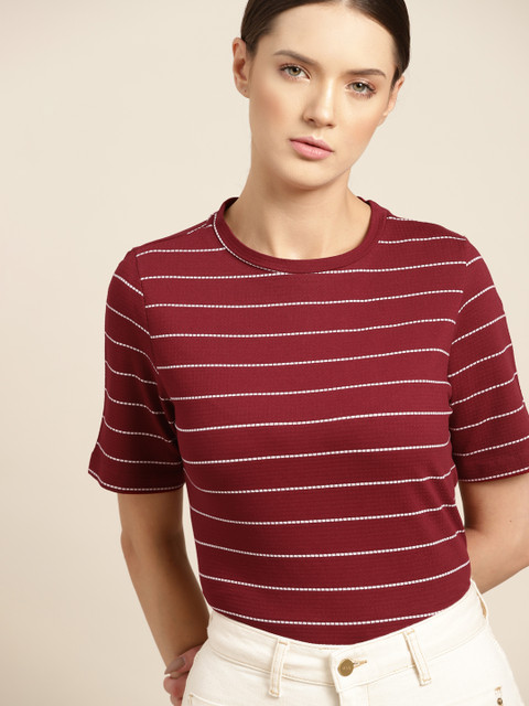 

ether Women Maroon & White Striped T-shirt