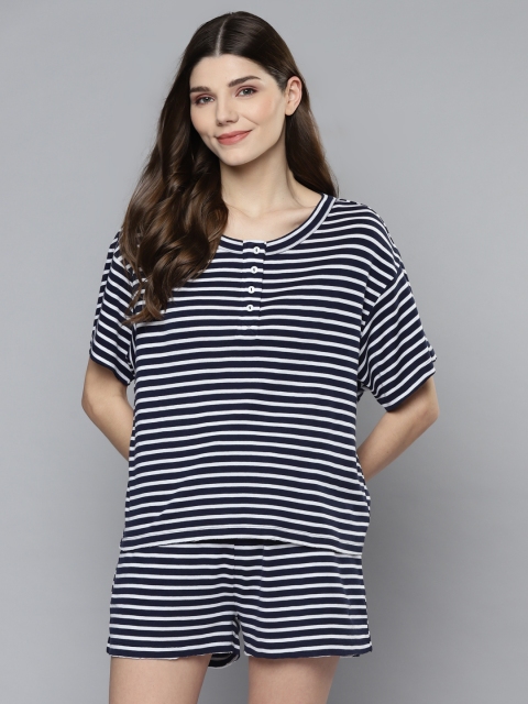 

VividArtsy Women Navy Blue & White Striped Night suit