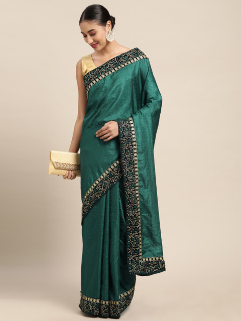 

Mitera Teal Fusion Poly Silk Solid Saree With Blouse Piece