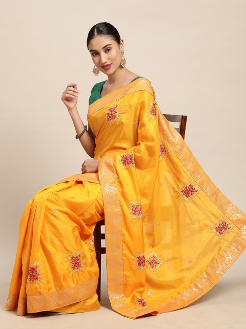 

Mitera Mustard Floral Embroidered Saree