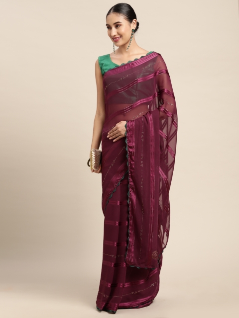 

Mitera Purple & Green Embellished Beads and Stones Fusion Saree