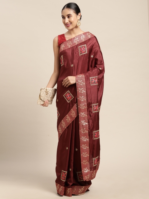 

Mitera Maroon Floral Embroidered Fusion Saree