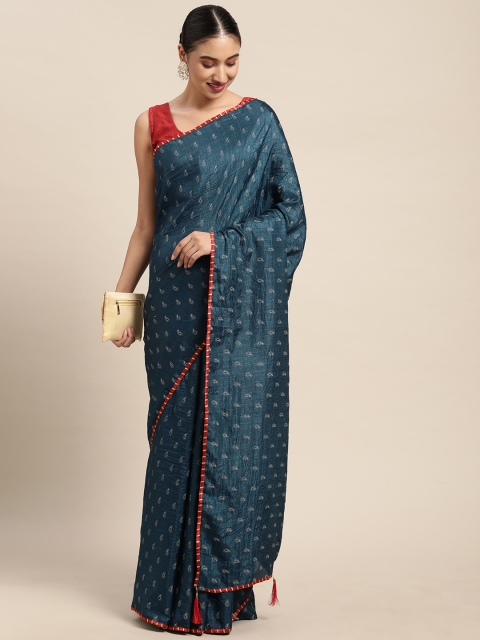 

Mitera Teal & Red Paisley Poly Silk Printed Saree With Blouse Piece