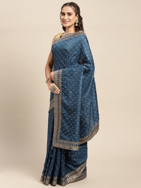 

Mitera Teal Ethnic Motifs Mukaish Saree