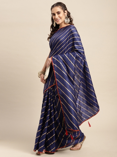 

Mitera Blue & Red Striped Poly Silk Printed Saree With Blouse Piece