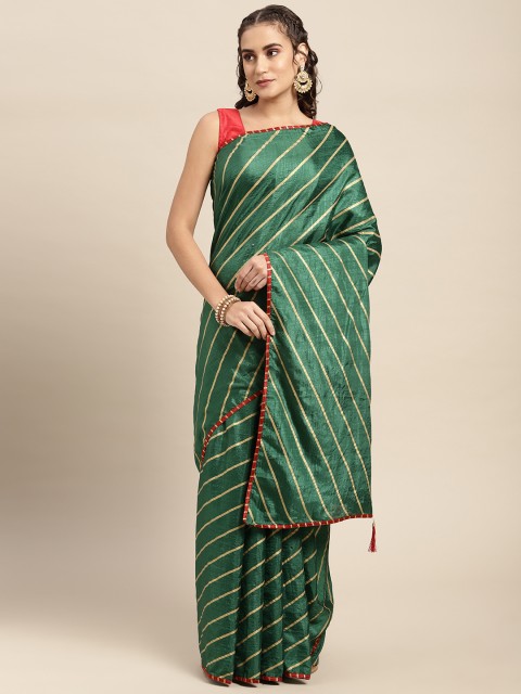 

Mitera Green & Red Striped Poly Silk Printed Saree With Blouse Piece