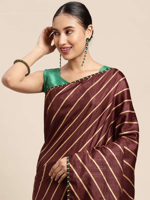 

Mitera Burgundy & Green Striped Poly Silk Printed Saree With Blouse Piece