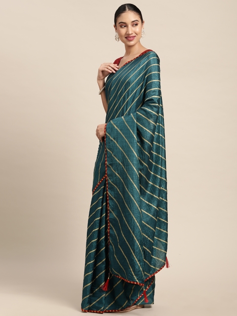 

Mitera Teal & Red Striped Fusion Saree
