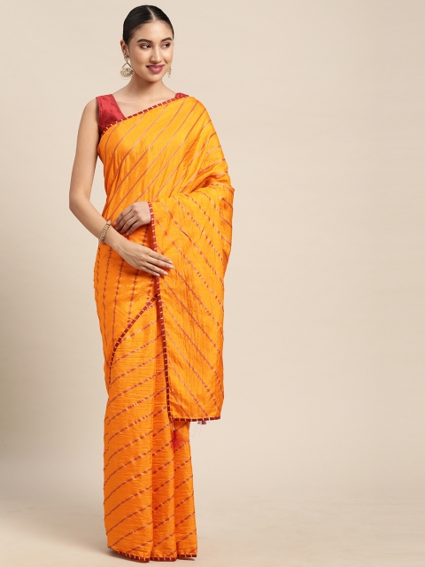 

Mitera Mustard & Red Striped Poly Silk Printed Saree With Blouse Piece