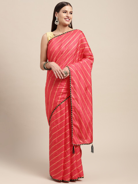 

Mitera Pink & Green Striped Poly Silk Printed Saree With Blouse Piece