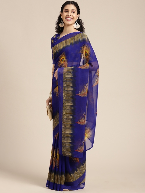 

KALINI Blue & Mustard Yellow Ethnic Motifs Printed Saree
