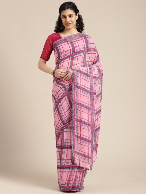 

KALINI Pink & Blue Checked Printed Saree