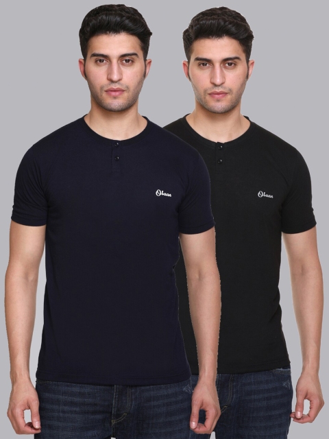

Obaan Men Black 2 Henley Neck Applique T-shirt