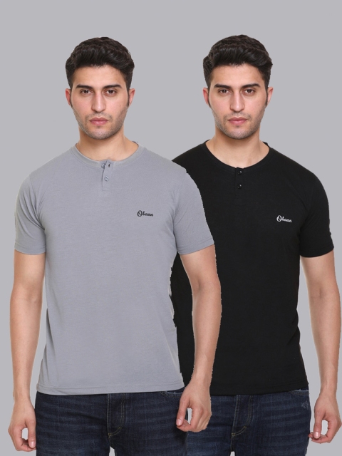 

Obaan Men Grey 2 Henley Neck Applique T-shirt