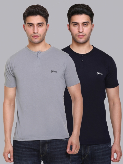

Obaan Men Grey 2 Henley Neck Pockets T-shirt