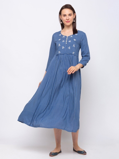 

Ethnicity Blue Checked Liva Ethnic A-Line Midi Dress