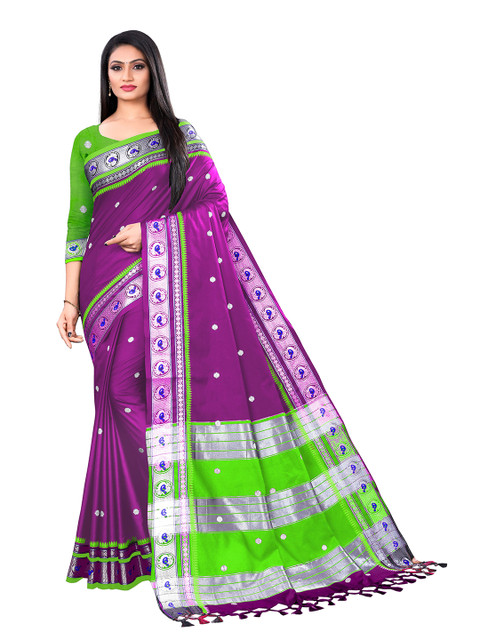 

VENISA Purple & Green Woven Design Pure Silk Saree
