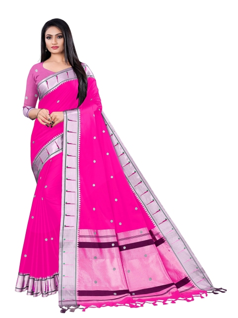 

VENISA Pink & Silver-Toned Woven Design Pure Silk Saree