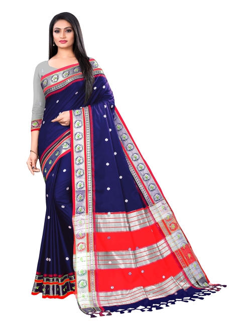 

VENISA Navy Blue & Red Zari Woven Design Pure Silk Saree