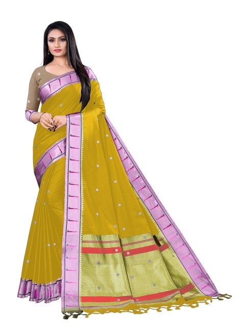 

VENISA Yellow & Purple Woven Design Zari Pure Silk Saree