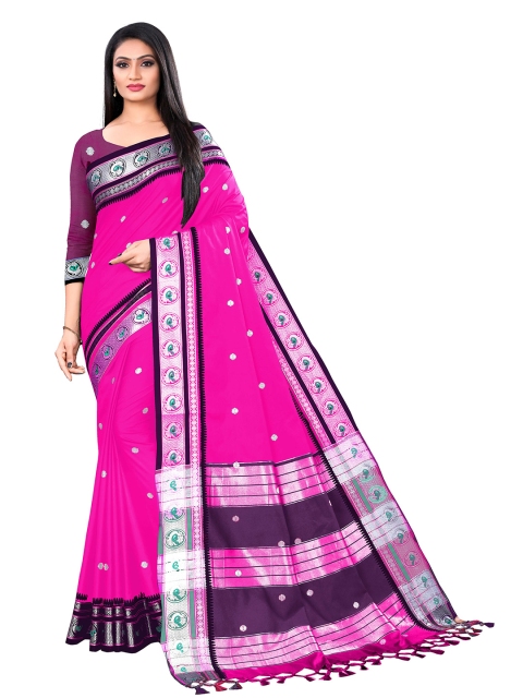 

VENISA Pink & Silver-Toned Woven Design Pure Silk Saree