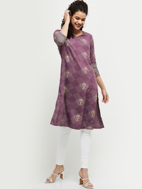 

max Women Purple & Gold-Toned Ethnic Motifs Printed Kurta