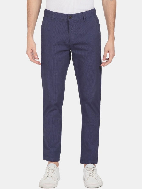 

Arrow Men Navy Blue Regular Fit Checked Cropped Trousers