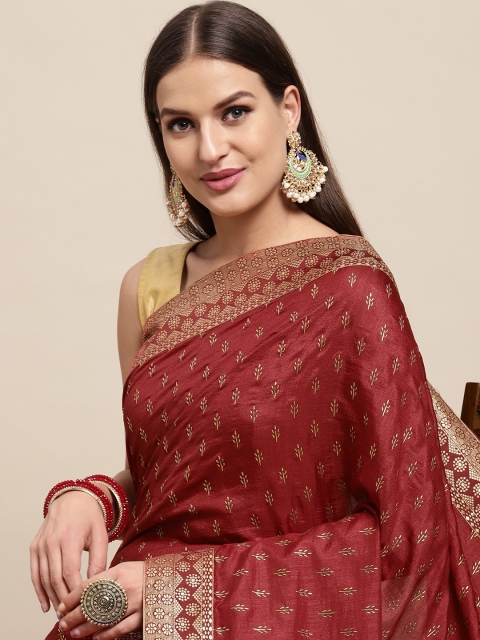 

Mitera Maroon Ethnic Motifs Zari Fusion Saree