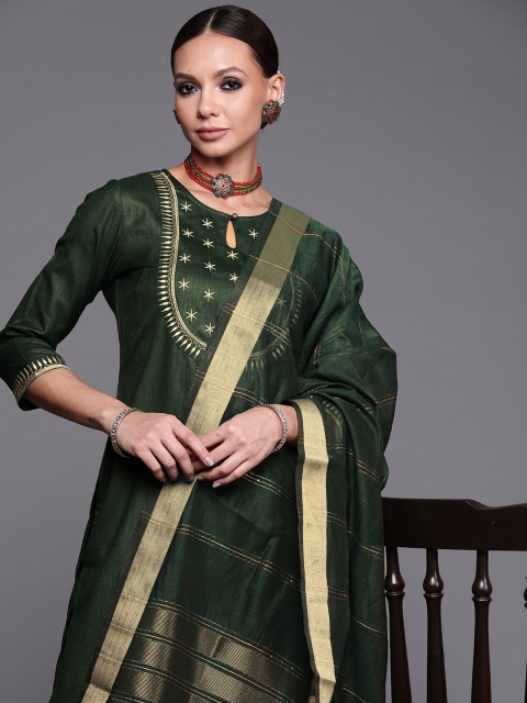 

Indo Era Women Green Yoke Design Kurta with Trousers & With Dupatta
