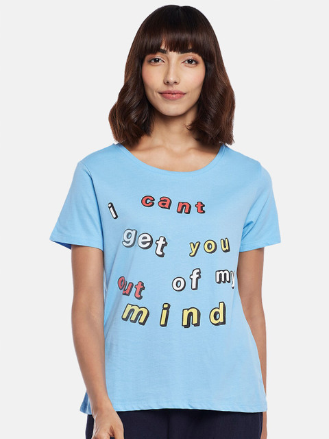 

Honey by Pantaloons Women Blue & Yellow Typography Printed Pure Cotton T-shirt