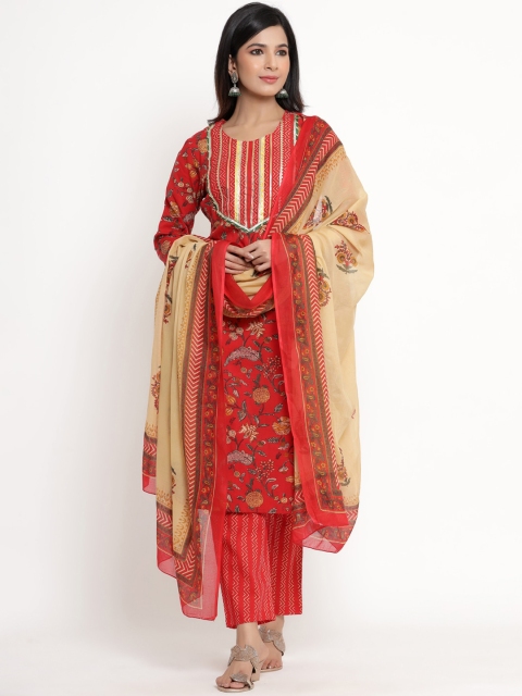 

ANAISA Women Red Printed Gotta Patti Pure Cotton Kurta with Trousers & Dupatta